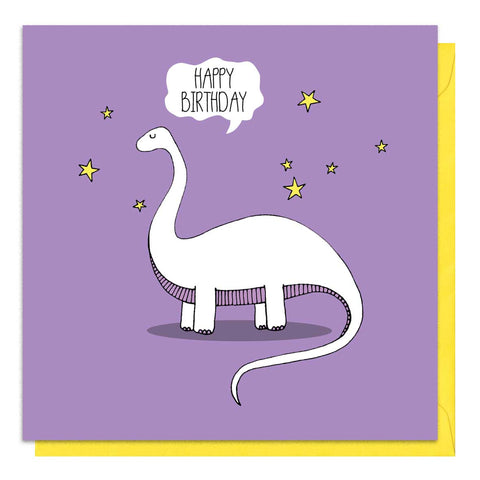 Purple card with an illustration of a brontosaurus