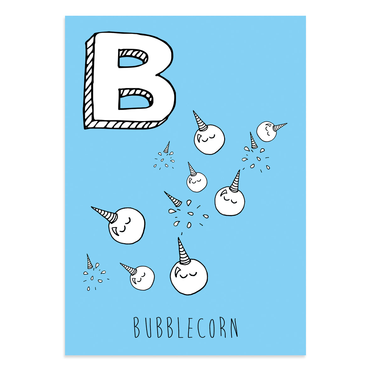 Unicorn postcard featuring B for bubblecorn