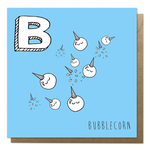 Blue greeting card featuring Bubblecorn, one of the alphabet unicorn