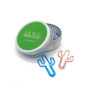 Multi coloured cactus shaped paper clips in a silver tin