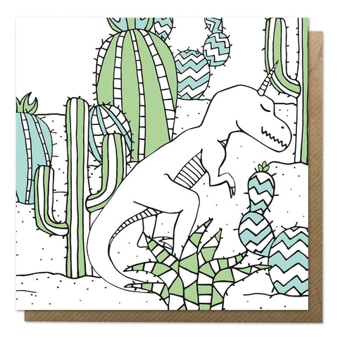 Greeting card with a dinosaur unicorn and cacti