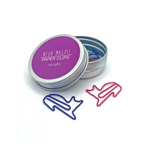 Multi coloured cat paper clips in a silver tin with purple sticker