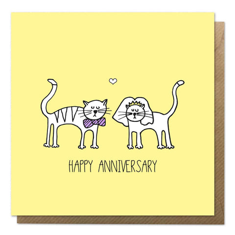 Yellow anniversary card featuring cats. It comes with a brown envelope