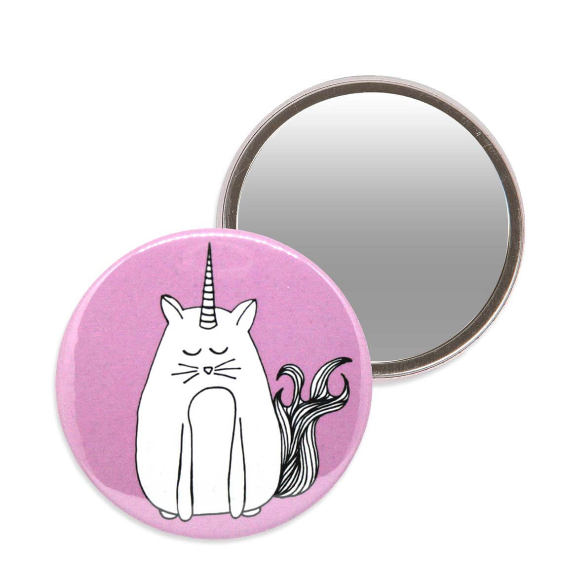 Pink unicorn cat makeup mirror. 7.6cm diameter