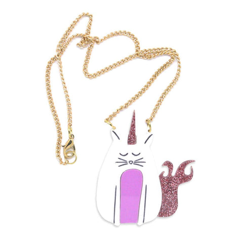 Pink, glittery unicorn cat acrylic necklace