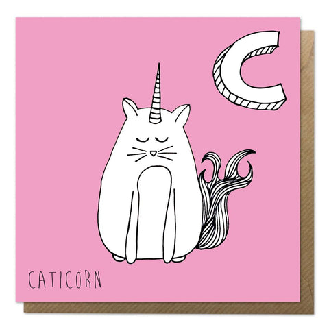 Pink card with an illustration of a cat unicorn 