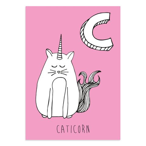 Unicorn postcard featuring C for caticorn