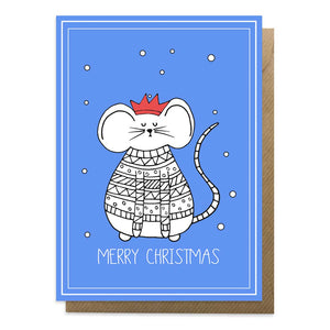 Blue Christmas card with a picture of a mouse wearing a Christmas jumper