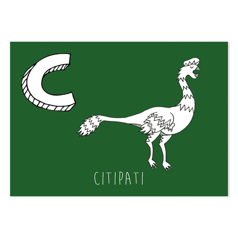 Green postcard featuring the letter C for citipati