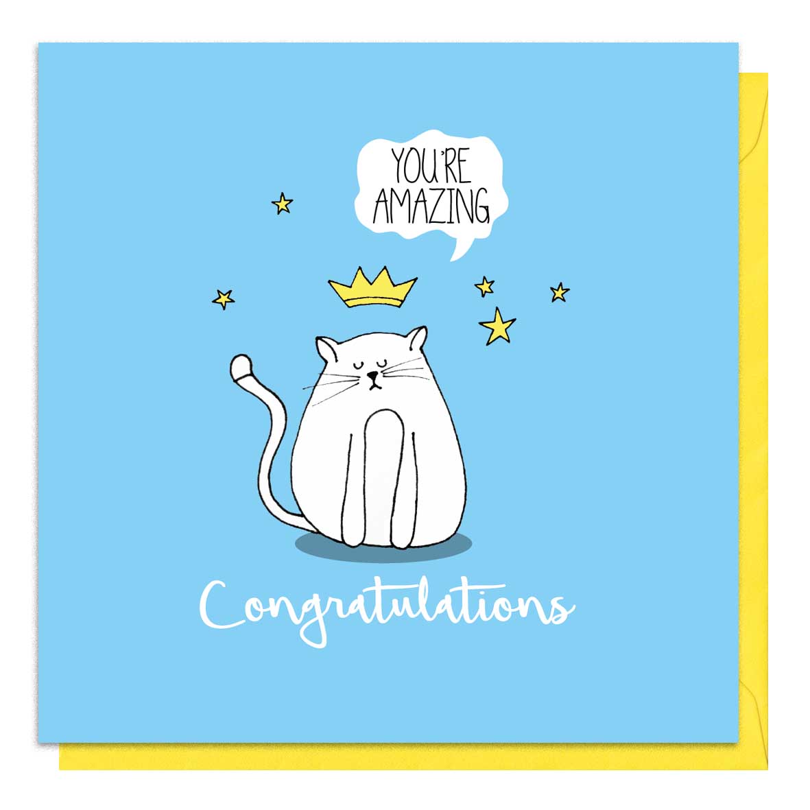 Blue congratulations card with an illustration of a cat