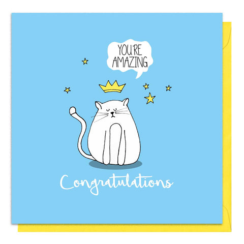 Blue congratulations card with an illustration of a cat