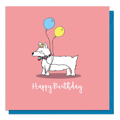 Red birthday card with an illustration of a corgi