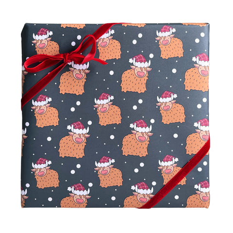 Tartan Highland Cow Christmas Wrapping Paper and Gift Tags
