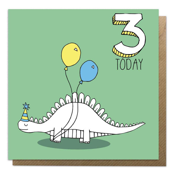 3rd Birthday Card - Stegosaurus Dinosaur Card - Neon Magpie
