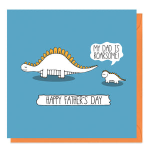Blue Father's Day Card with a daddy and baby dinosaur