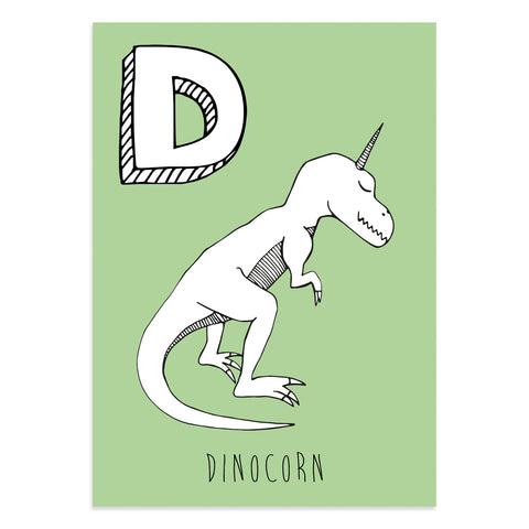 Unicorn postcard featuring D for dinocorn