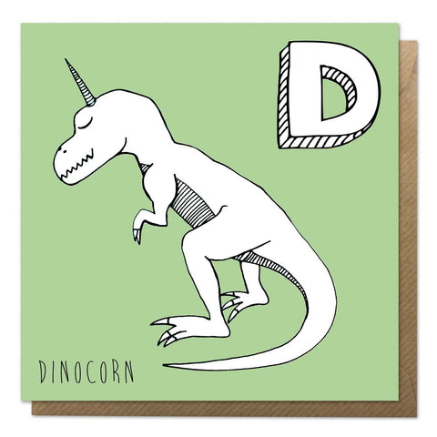 Green unicorn alphabet card featuring a dinosaur unicorn
