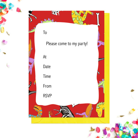 Red dinosaur party invitations