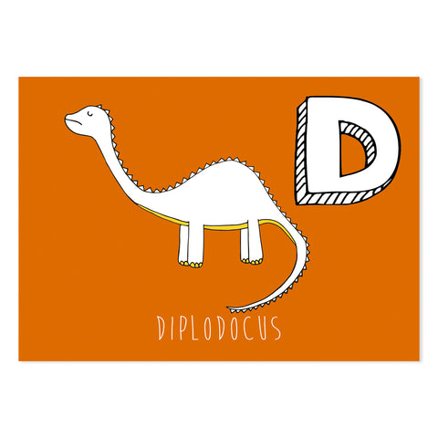 Orange postcard featuring the letter D for diplodocus