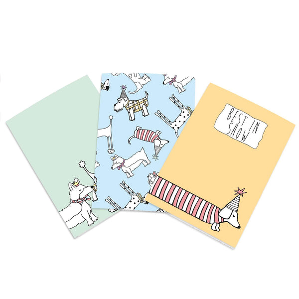 A6 size dog notebook set. Green, blue and orange cute notebooks