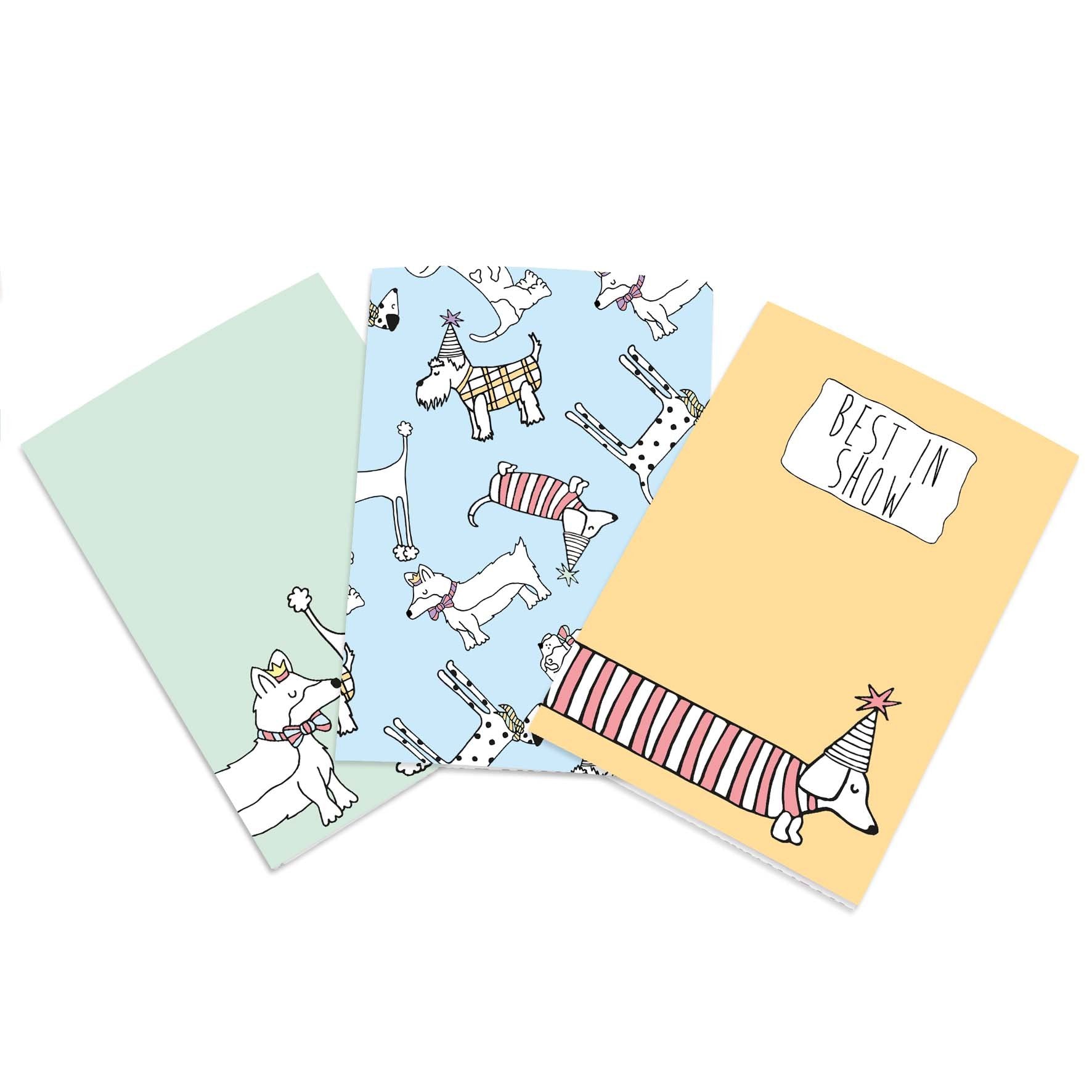 A6 illustrated dog notebook set. Green, blue and orange notebooks