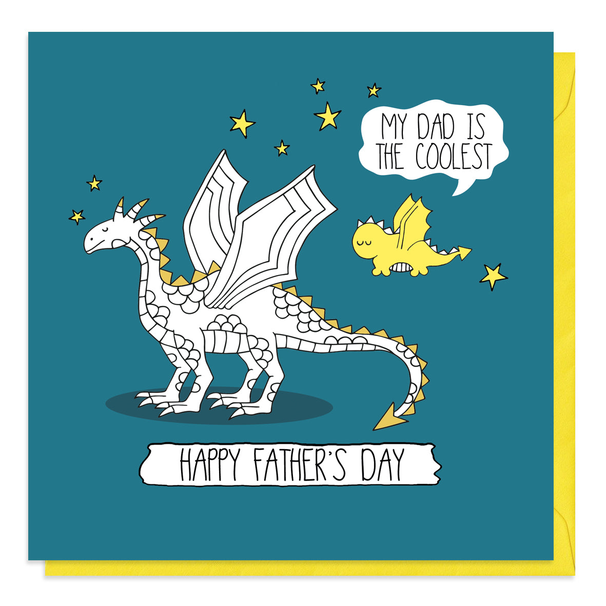 Blue father's day card with a daddy and baby dragon