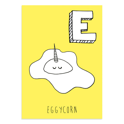 Unicorn postcard featuring E for Eggycorn
