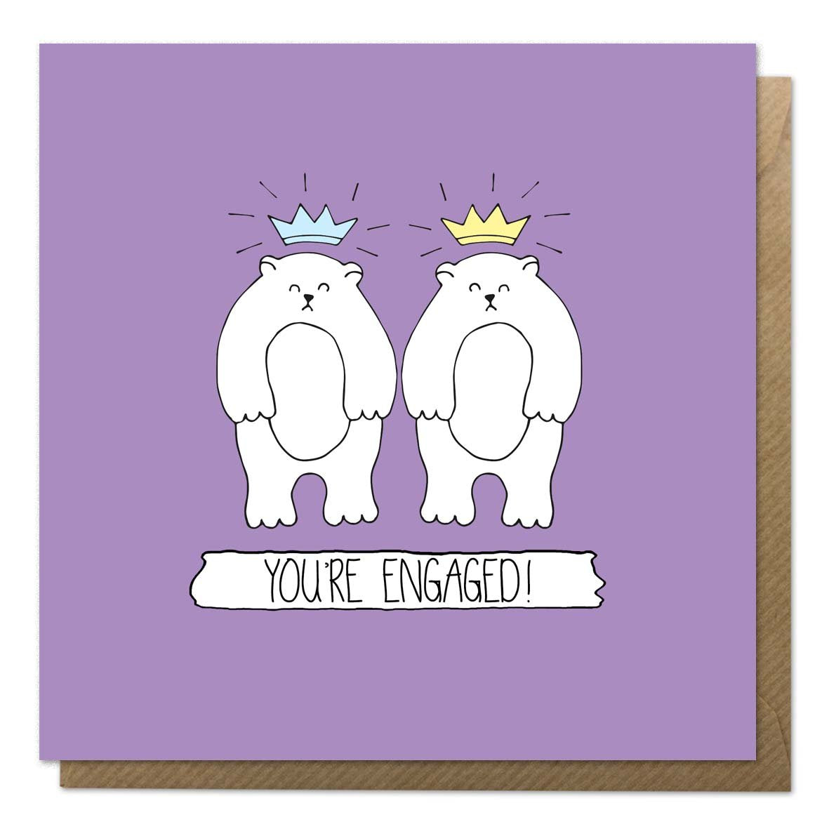 Purple engagement card with an illustration of two bears