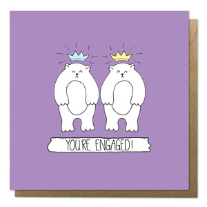 Purple engagement card with an illustration of two bears