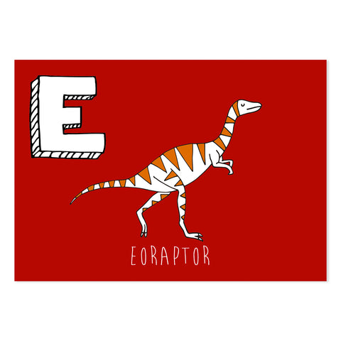 Red postcard featuring the letter E for eoraptor