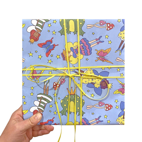 Blue wrapping paper with fairy illustrations
