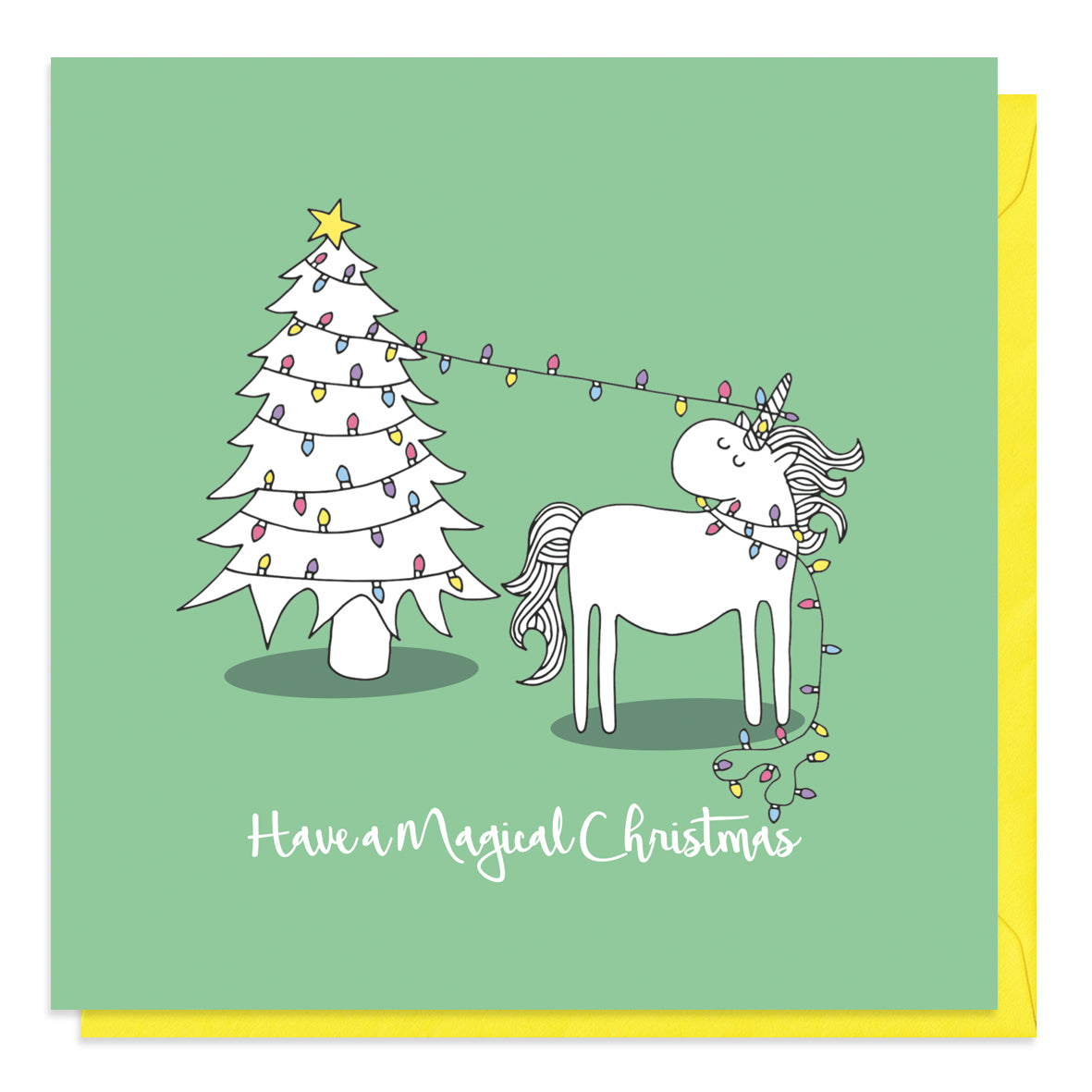 Green Christmas card with an illustration of a unicorn in fairy lights