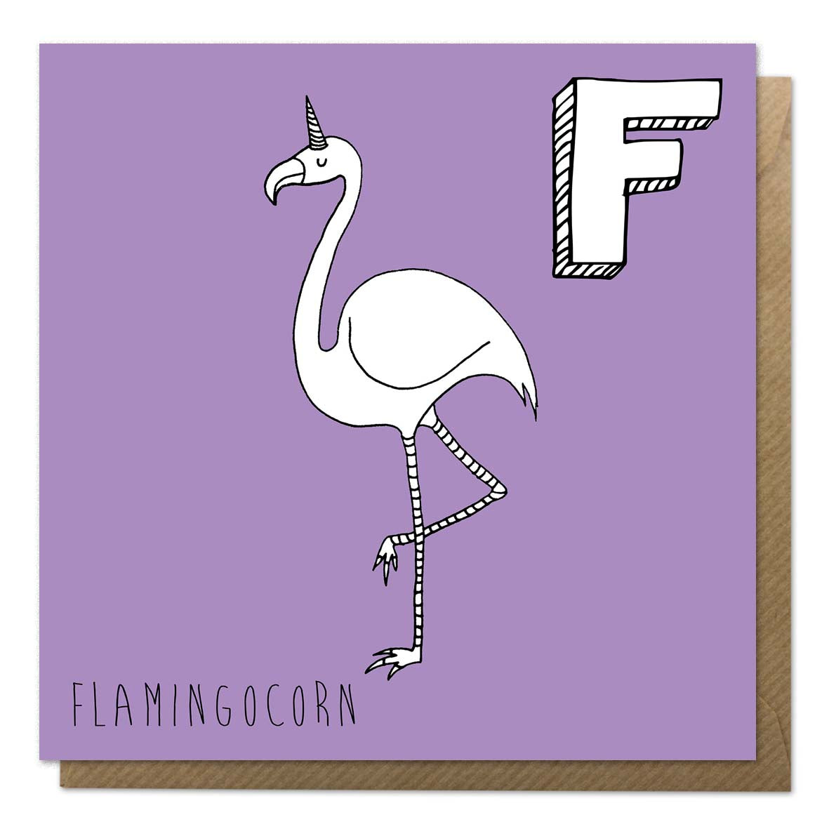 Purple greeting card with an illustration of a flamingo unicorn