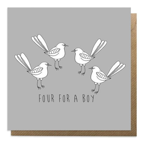 Grey greeting card with an illustration of four magpies on it