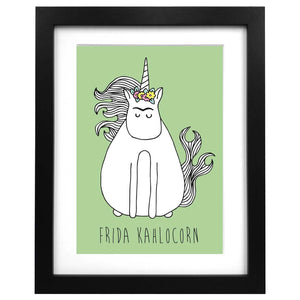 Green A3 art print with an illustration of Frida Kahlo unicorn