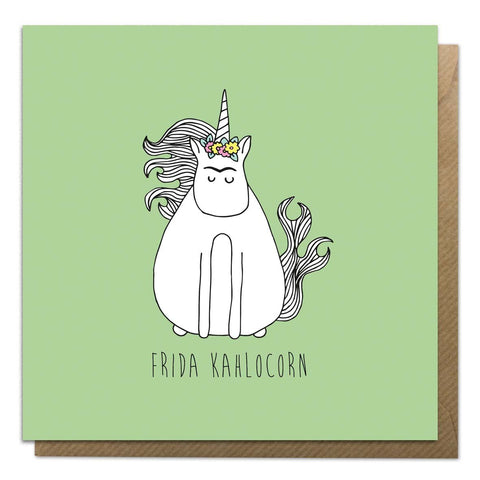 Green greeting card with an illustration of Frida Kahlo unicorn