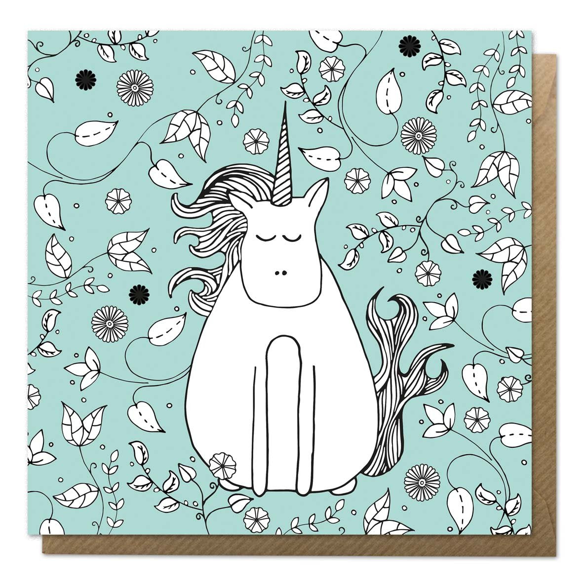 Green greeting card with an illustration of a unicorn in a garden
