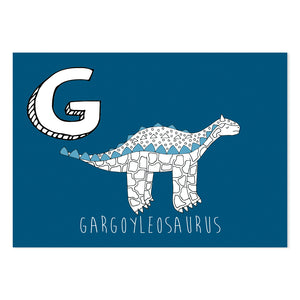 Blue postcard featuring the letter G for gargoyleosaurus