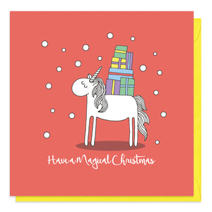 Red Christmas card with an illustration of a unicorn carrying gifts