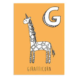 Unicorn postcard featuring G for girafficorn