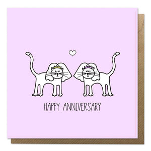 Pink anniversary card with an illustration of two cats wearing veils