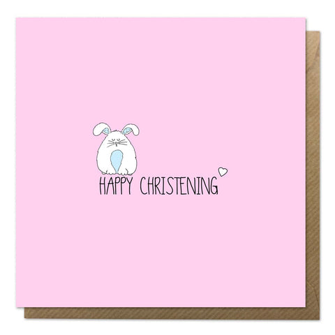 Pink christening card with an illustration of a rabbit