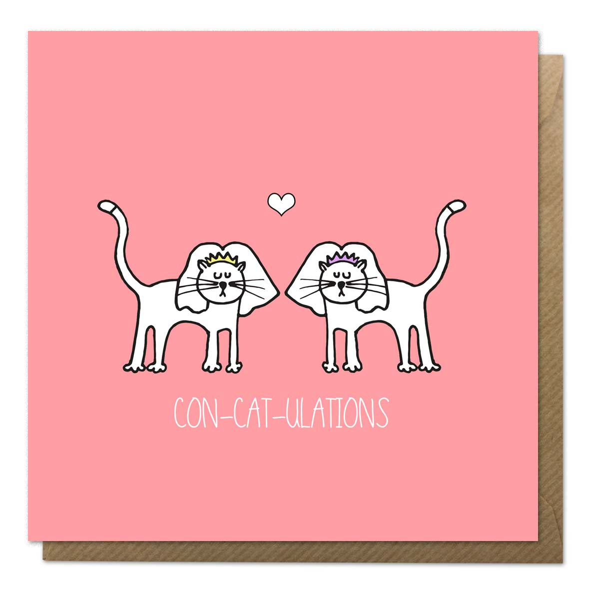 Pink card featuring two cats getting married