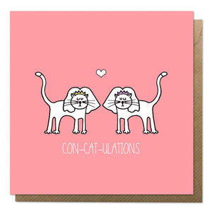 Pink card featuring two cats getting married