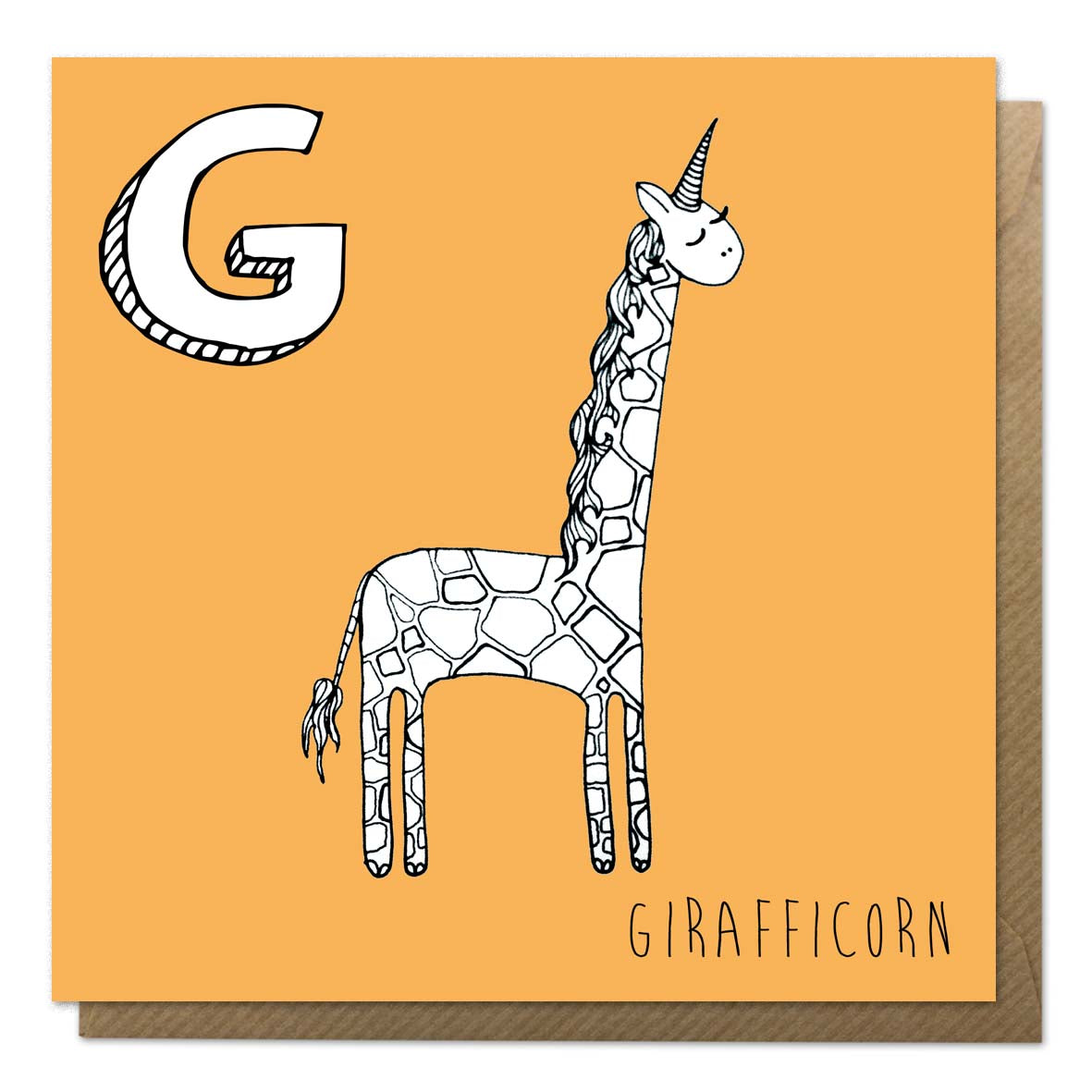 Orange greeting card with an illustration of a giraffe unicorn