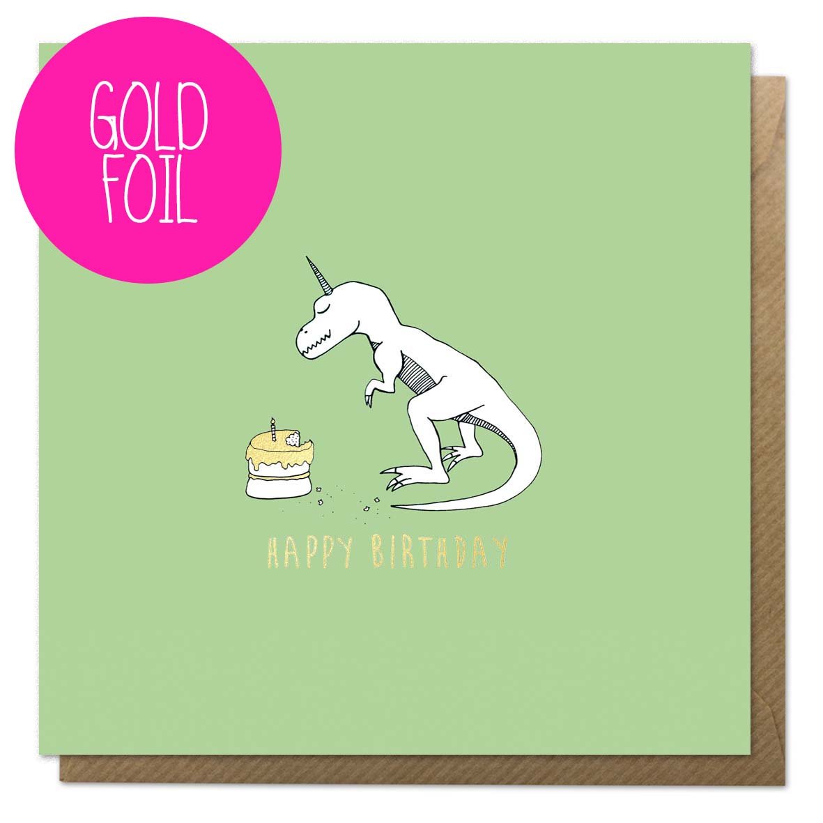 Green birthday card with an illustration of a dinosaur unicorn