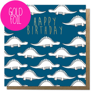 Blue dinosaur birthday card with gold foil and brown envelope