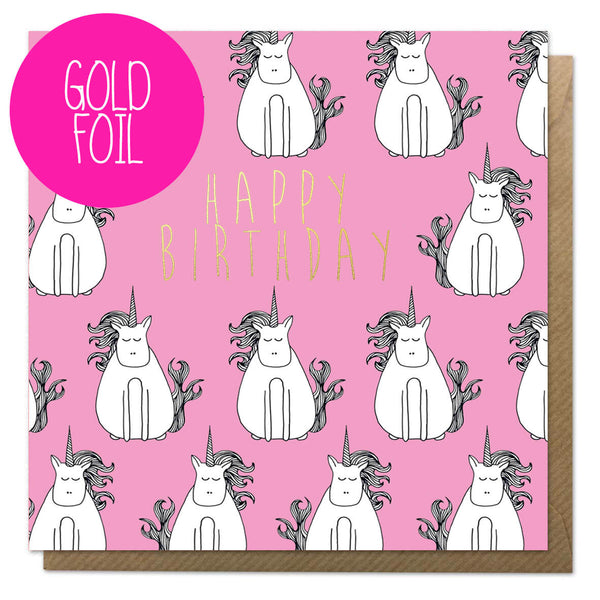 Gold foil unicorn birthday card with brown envelope