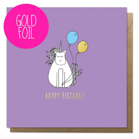 Purple birthday card with a unicorn, balloons and gold foil