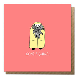 Red greeting card with an illustration of a fisherman